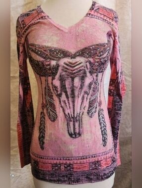 R. Rouge Embellished Pink Western Skull and Feathers Graphic Top